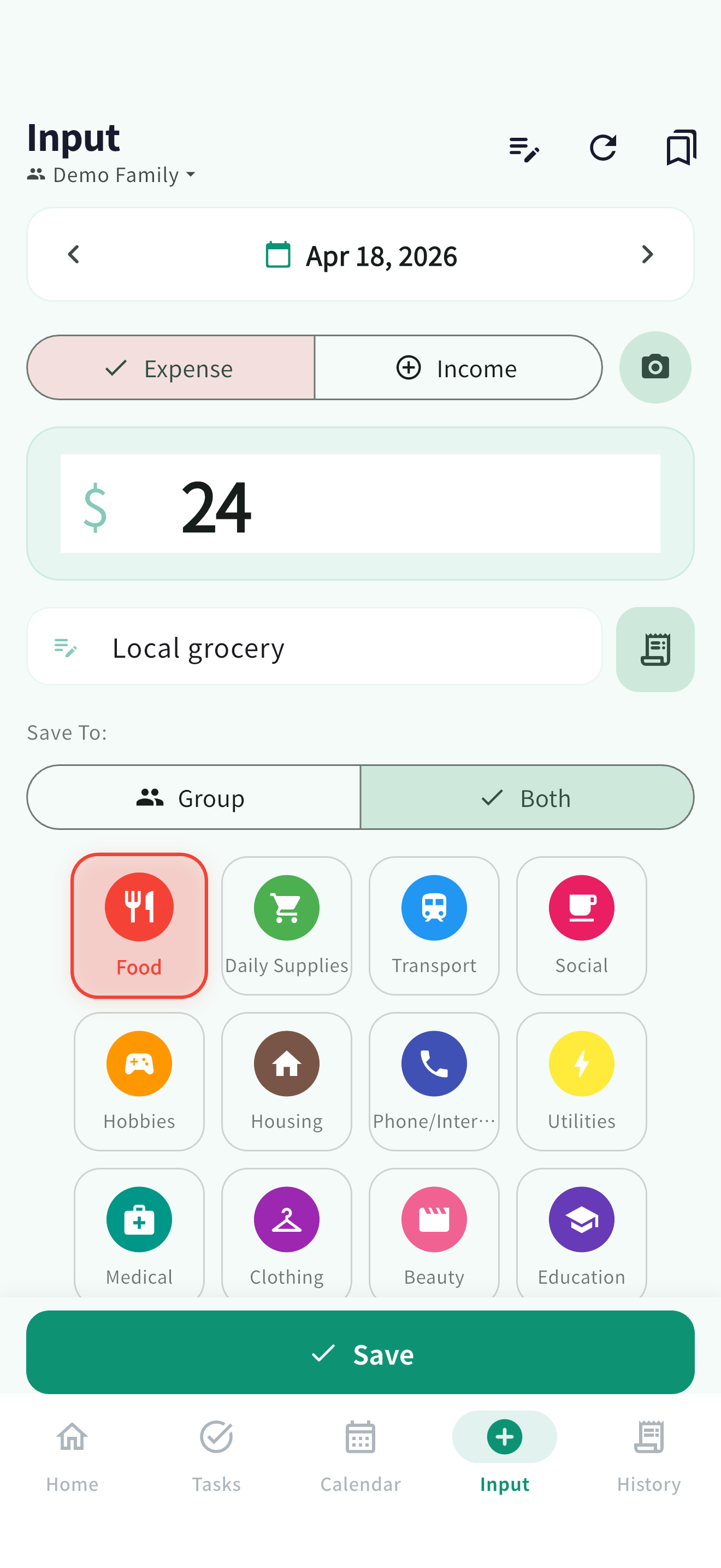 Input screen: receipt capture button and category grid