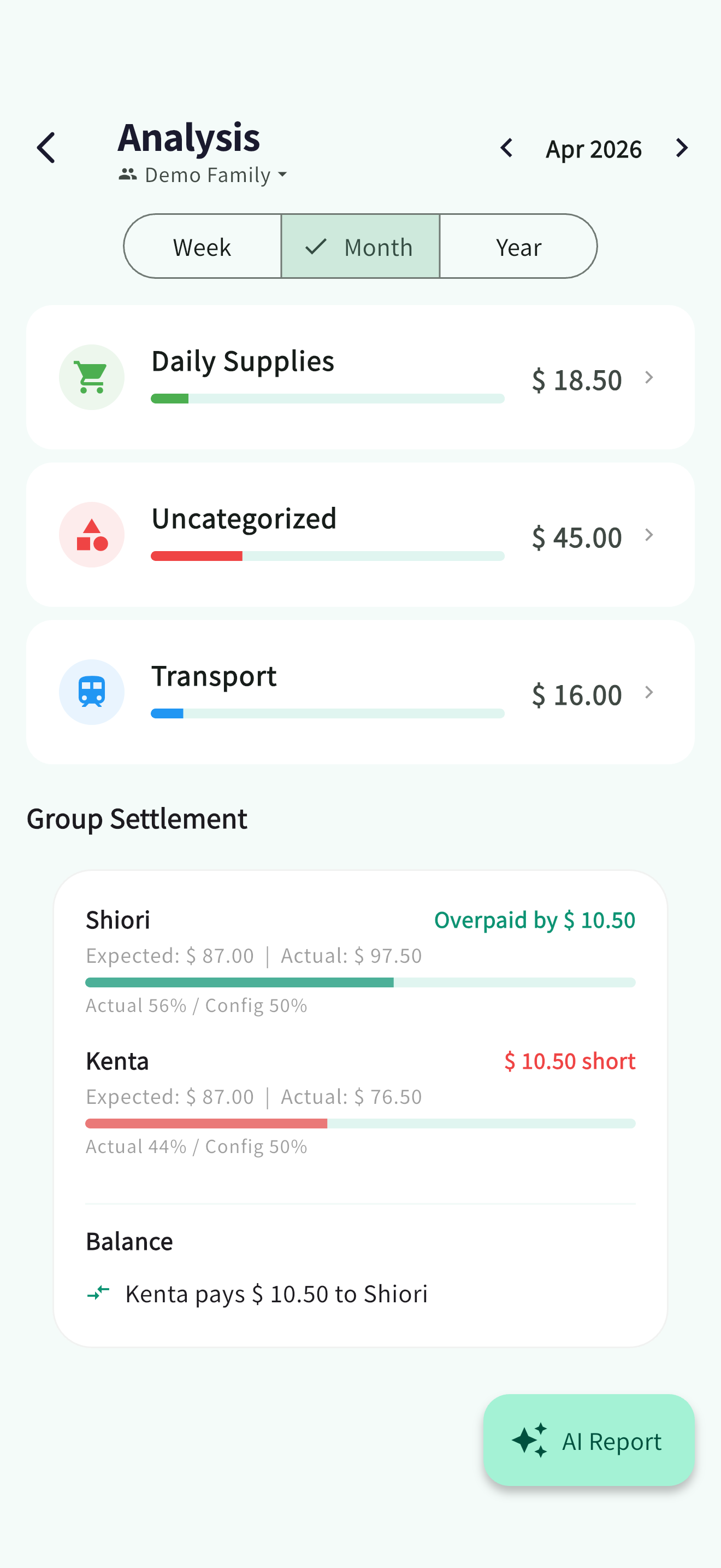Summary screen: automatic group settlement calculation