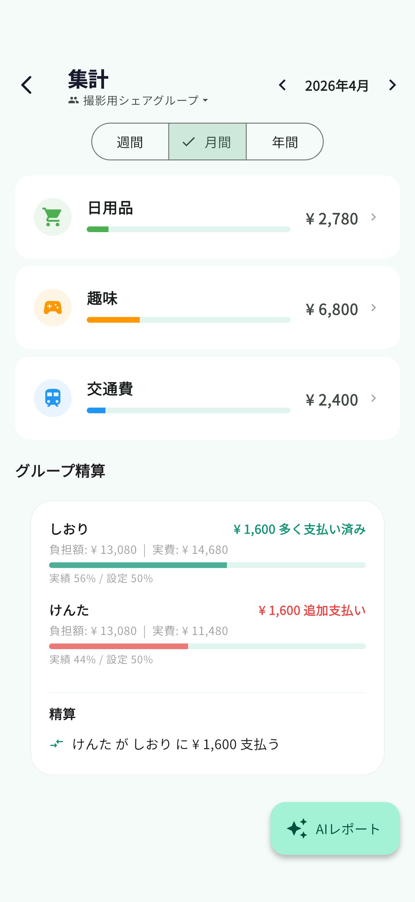 集計画面：グループ精算額を確認